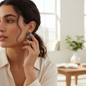 Vintage Graziano Earrings Hematite Silver-Tone Chunky Hoops Modernist Clip On